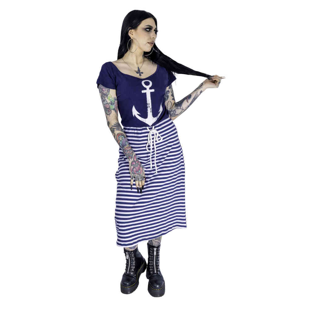 Rockabella - BON VOYAGE Lange jurk - Blauw/Wit